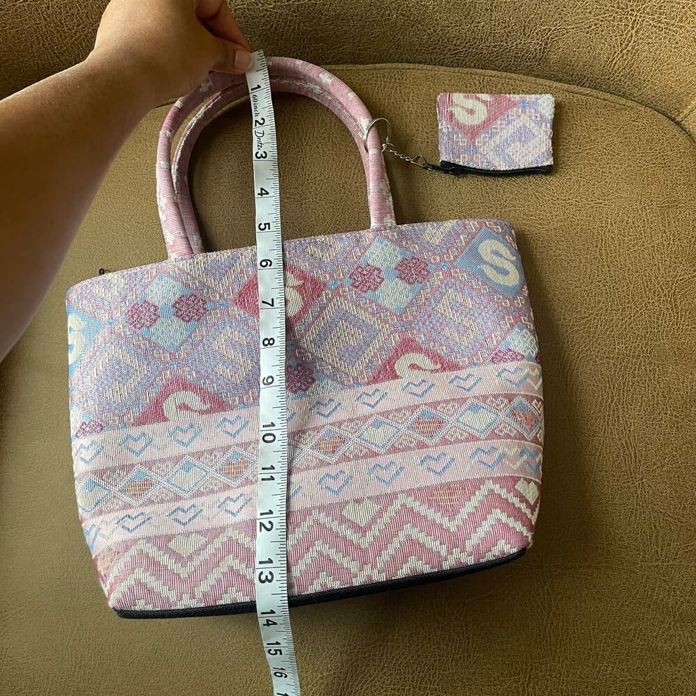 Boho Geometric Tapestry Jacquard Tote Bag Pink Woven Purse with Coin Pouch - Picture 7 of 8